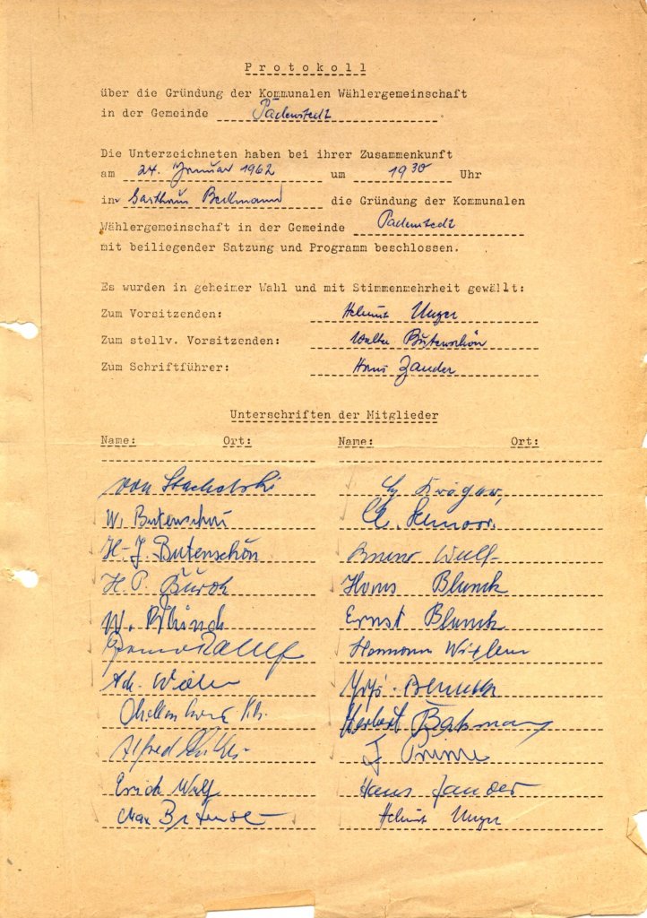 Wählergemeinschaft Padenstedt Gründungsurkunde 1962